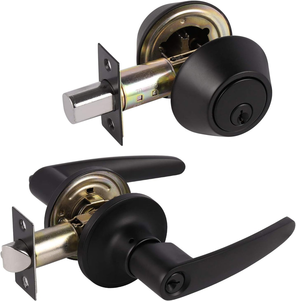 Matte Black 5 Pack Door Handle Lock Set with Double Keyed Deadbolt B95495