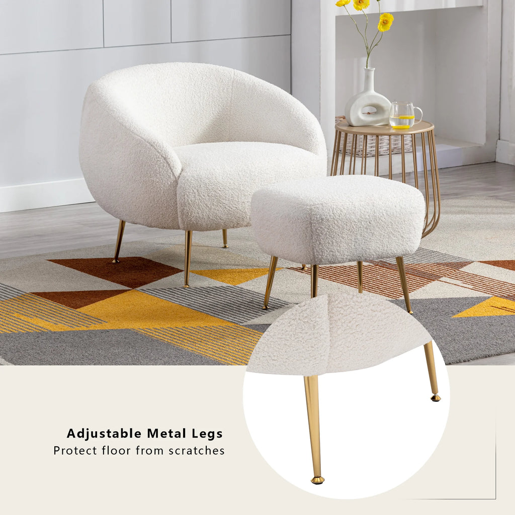 White Teddy Short Plush Particle Velvet Accent Chair with Ottoman V841065