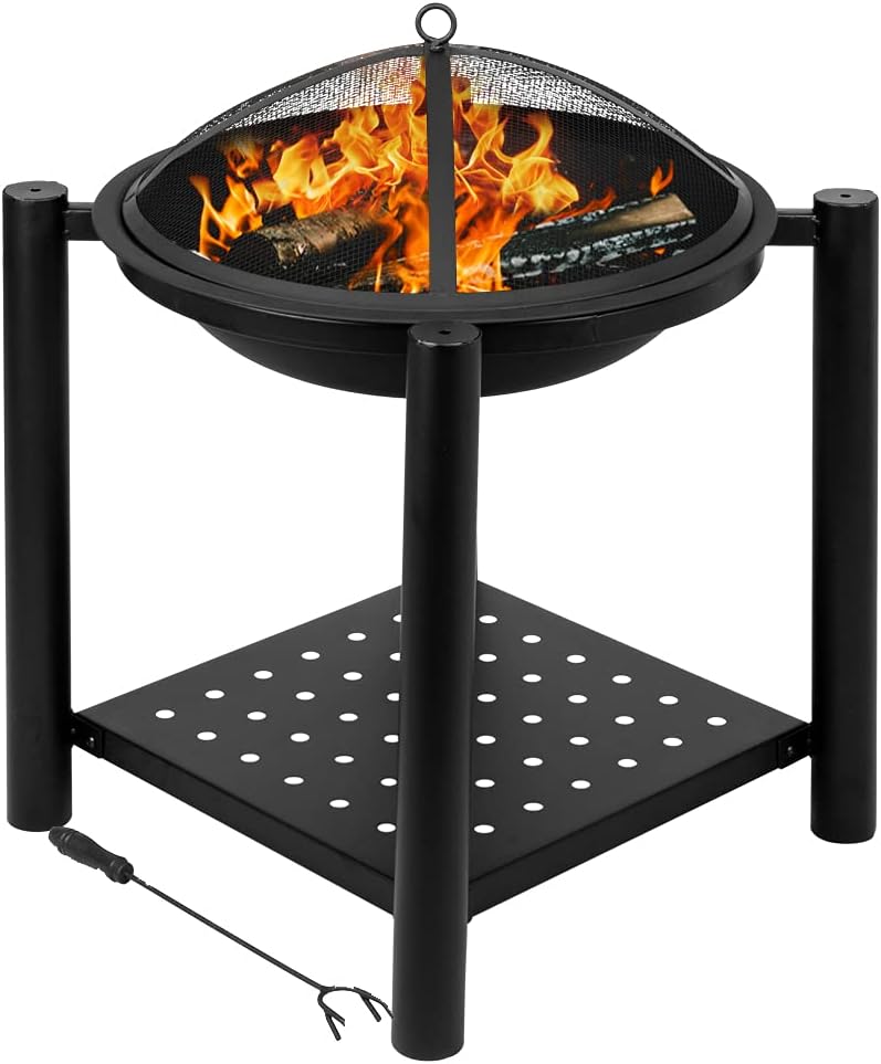 22 inch Steel Firepit Bowl with Mesh Spark Screen Cover Log Grate Wood Fire Poker V410