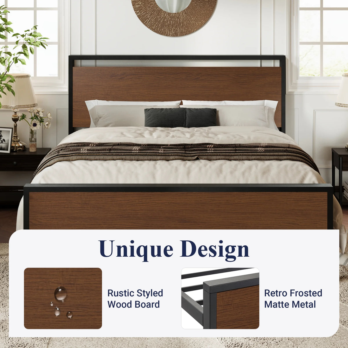 Queen Size Metal Platform Bed Frame with Wood Headboard J684