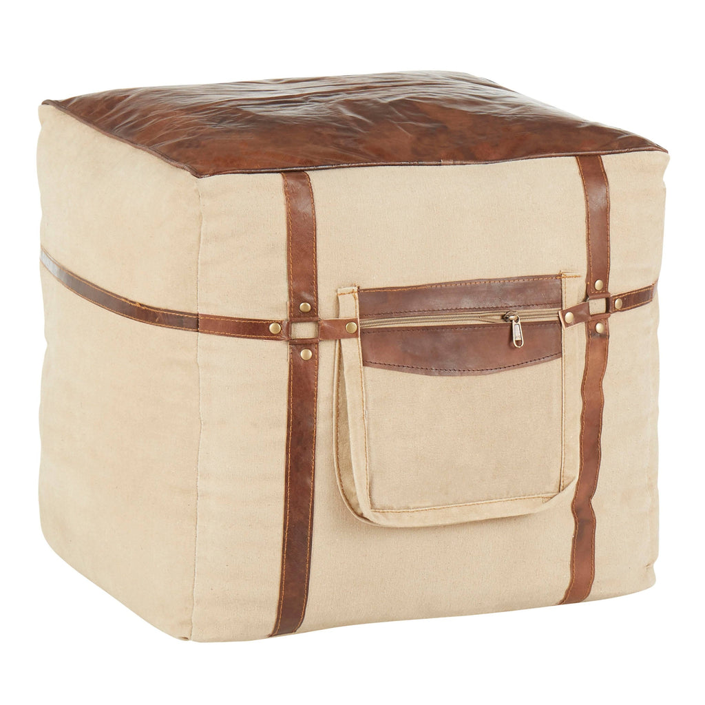 Black Leather Grey Canvas Pouf S376364