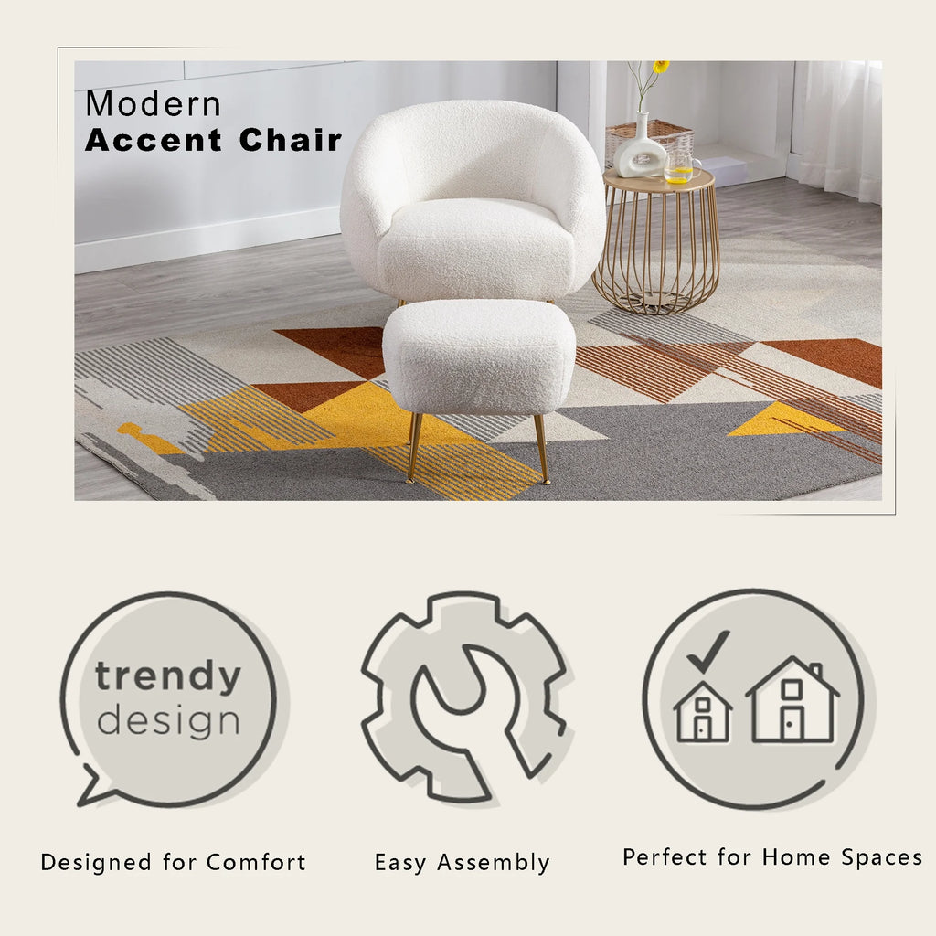 White Teddy Short Plush Particle Velvet Accent Chair with Ottoman V841065