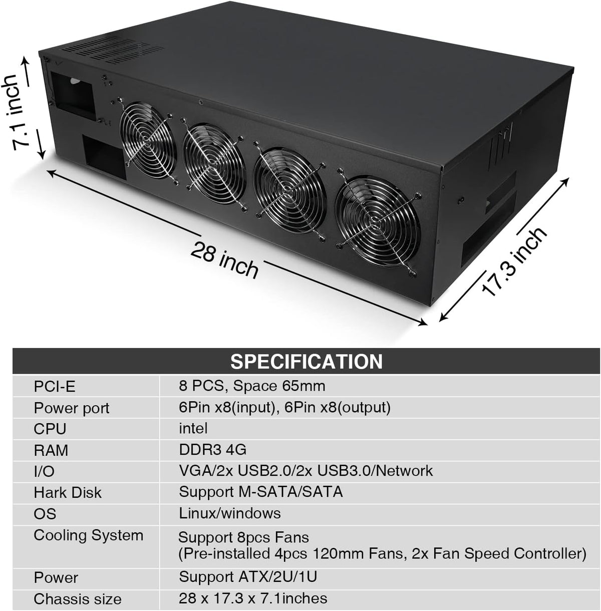 8 Ports GPU Mining Frame Case with 8 Cooling Fans K7433