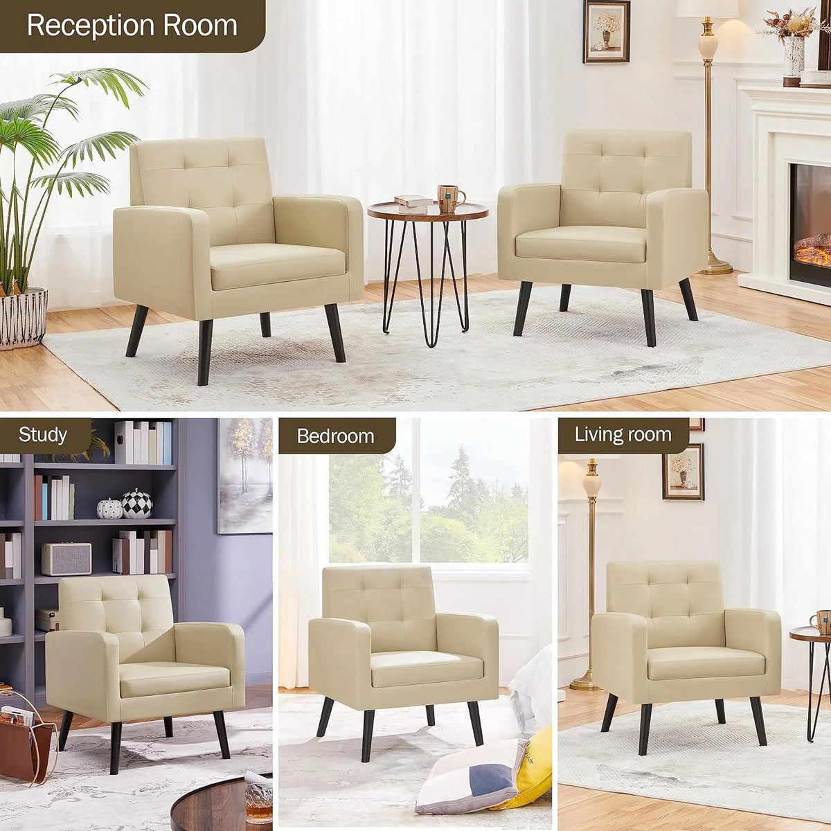Beige PU Leather Tufted Accent Chair with Wood Legs W55540