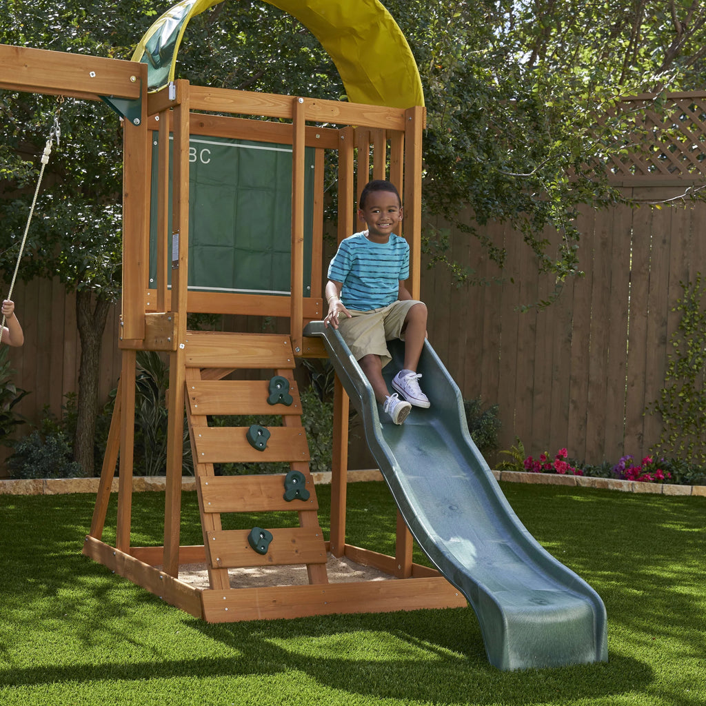 Wooden Outdoor Swing Set with Slide and Rock Wall N5341