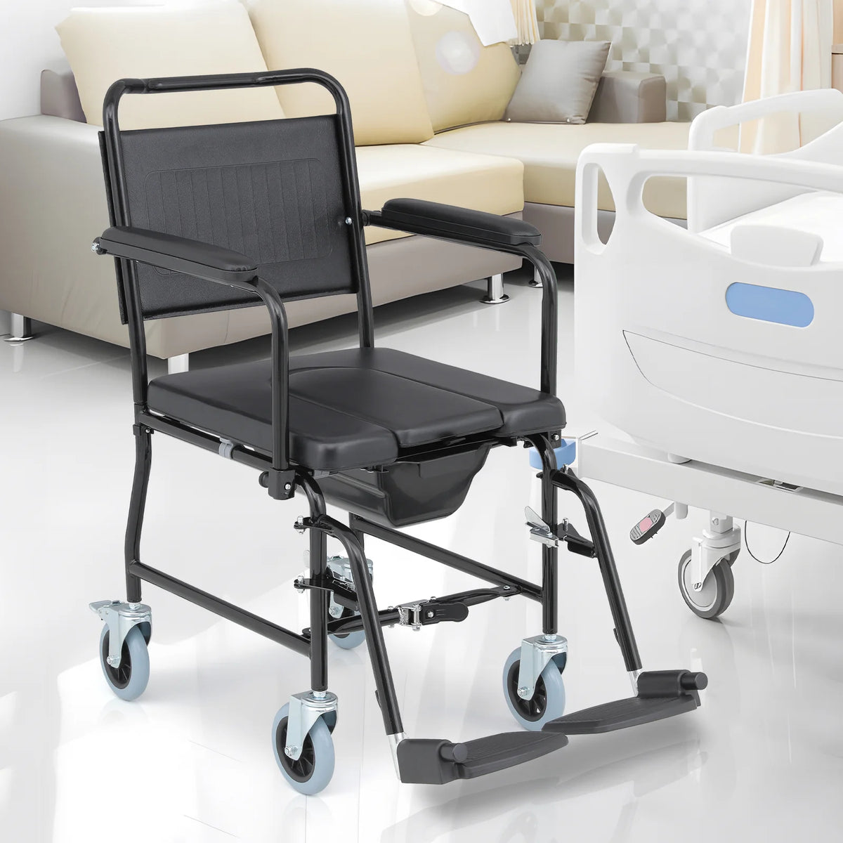Commode Chair with Flip Up Armrests and 2 Locking Wheels W548823