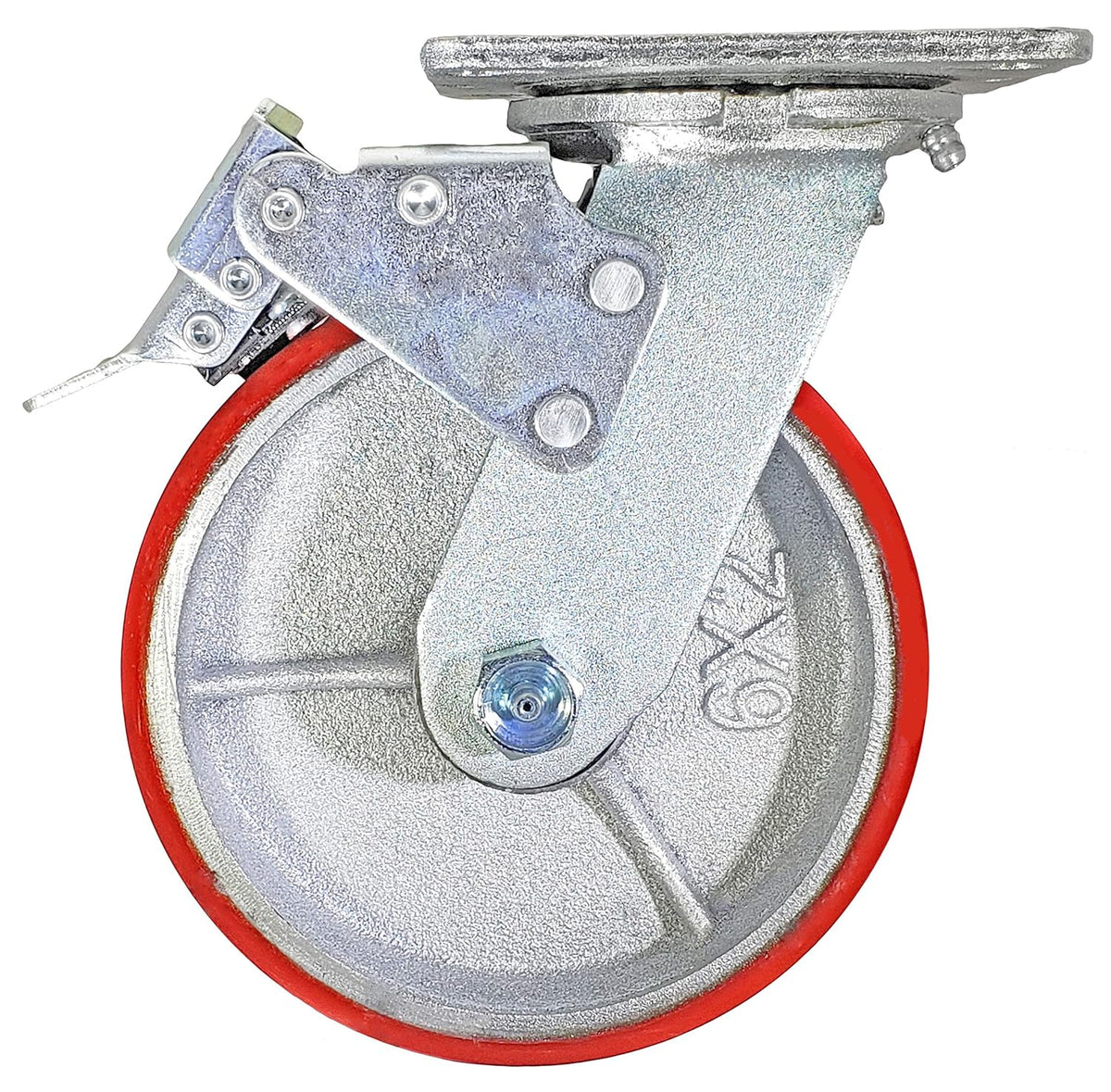 6 x 2 Total Lock Caster Set of 4 with Red Polyurethane on Steel Wheel Y64395