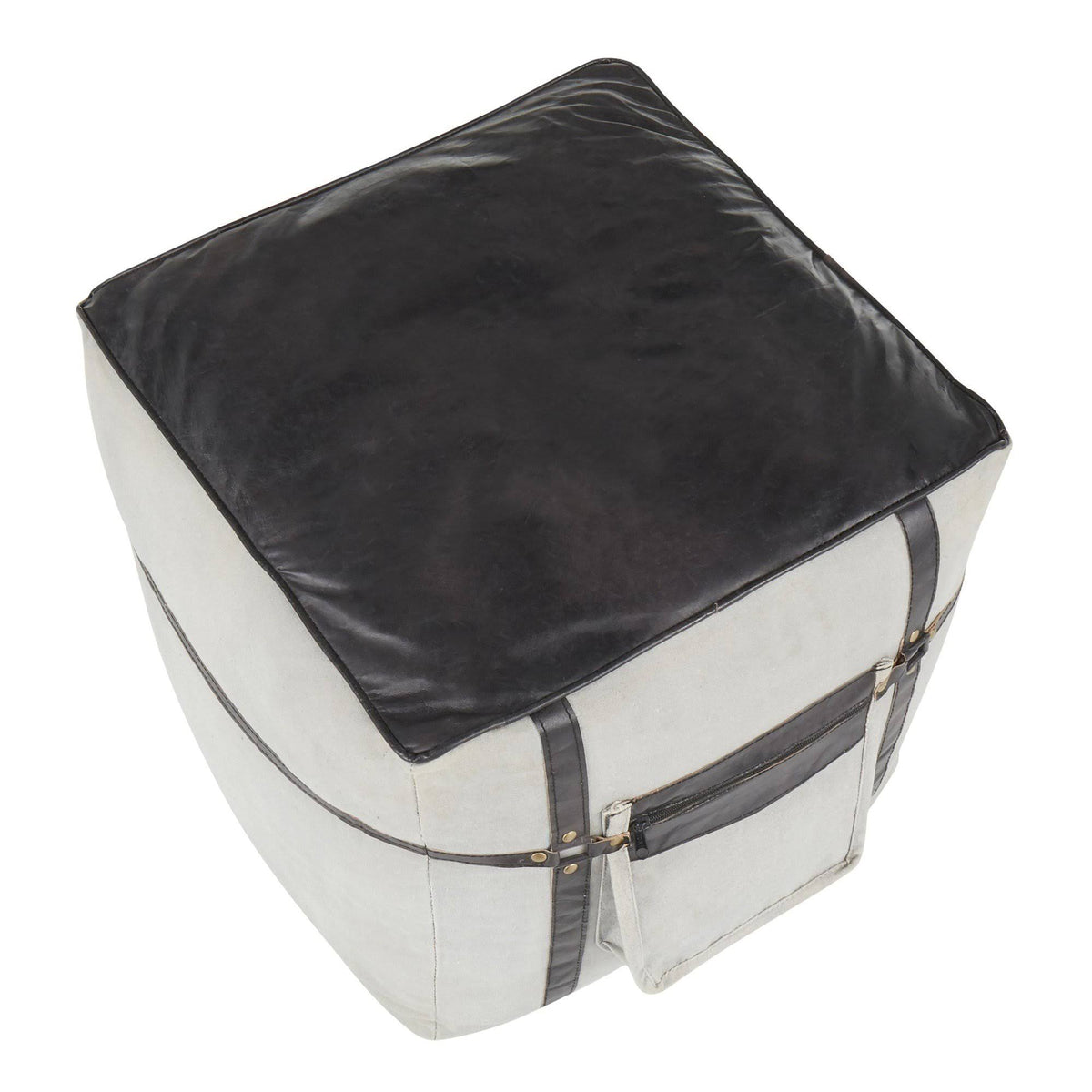 Black Leather Grey Canvas Pouf S376364