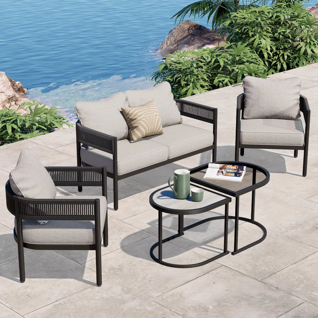 5-Piece Woven Wicker Outdoor Conversation Set with Cushions and Nested Table W158