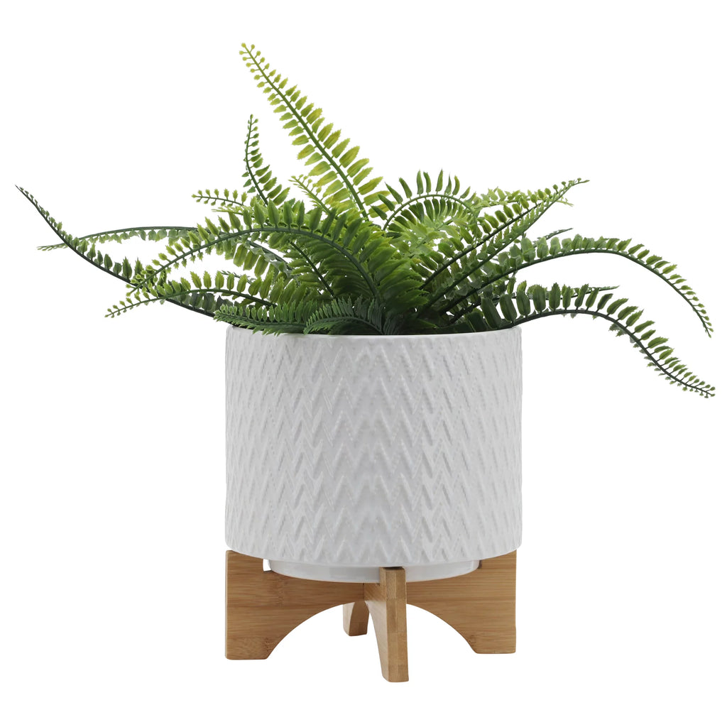 White Ceramic Chevron Planter With Stand A17057