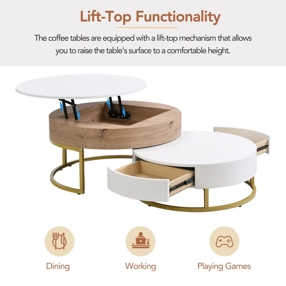 Round Lift-top Nesting Coffee Tables with 2 Drawers White & Natural E250