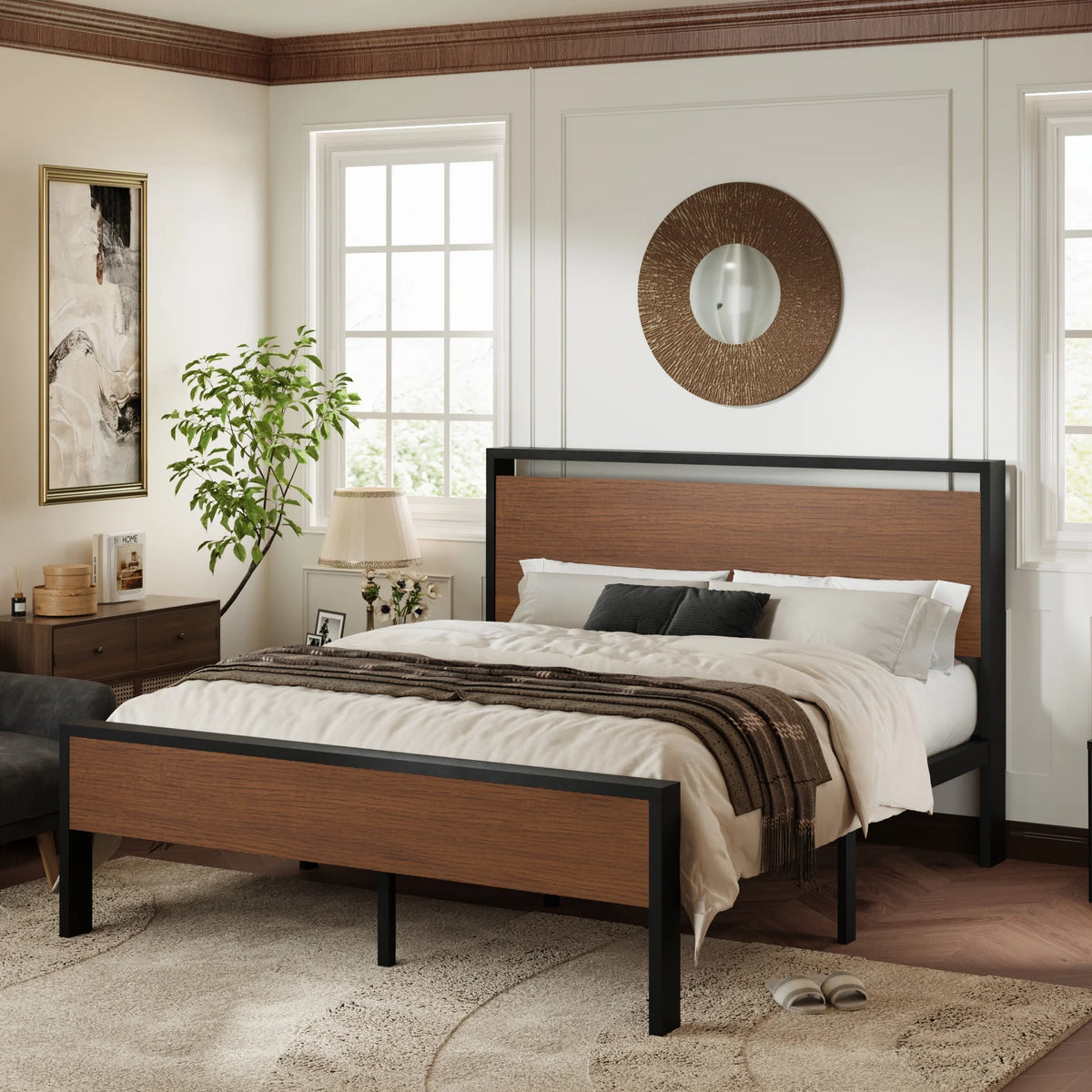 Queen Size Metal Platform Bed Frame with Wood Headboard J684
