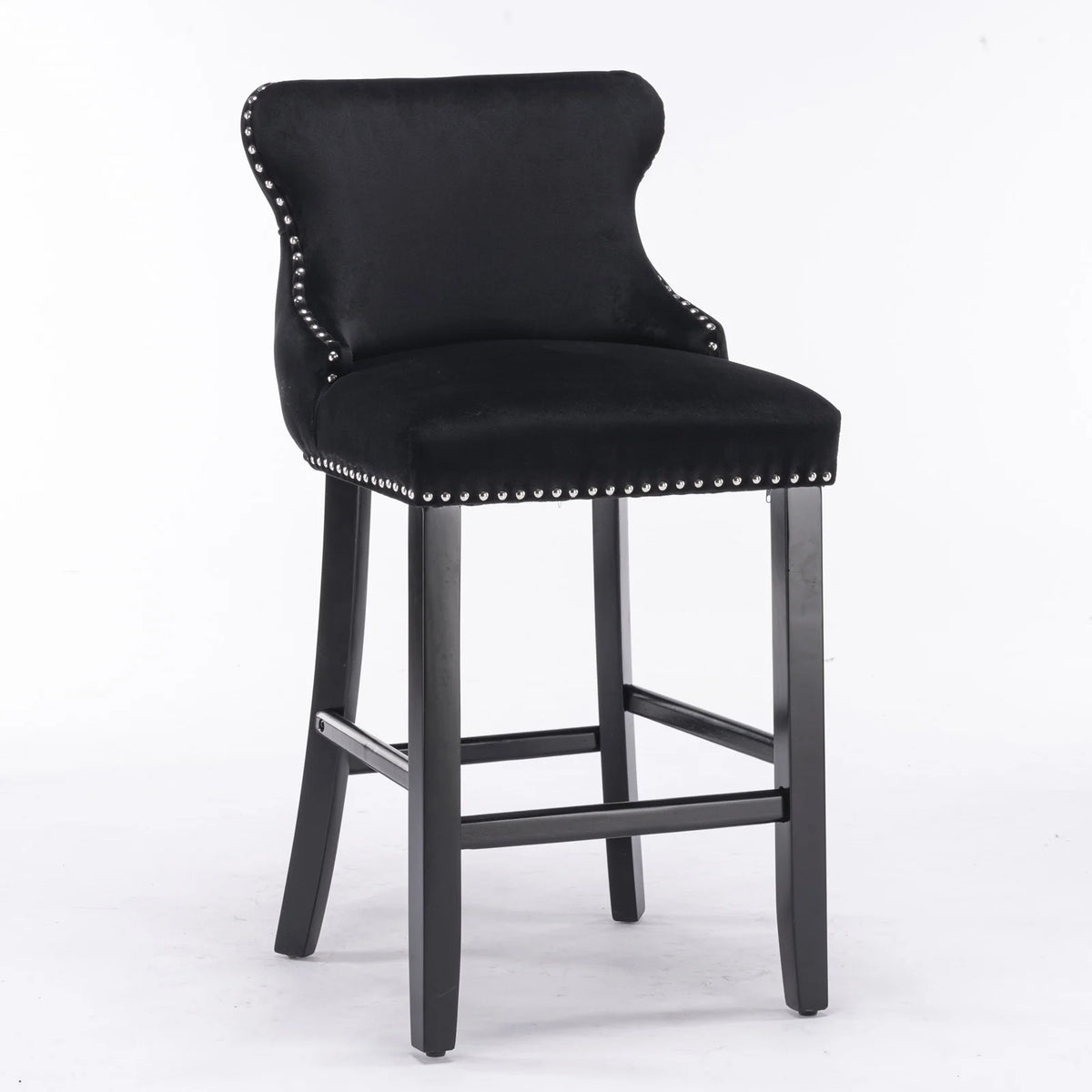 Black Velvet Button Tufted Bar Chairs with Wood Legs, Set of 2 Z61565
