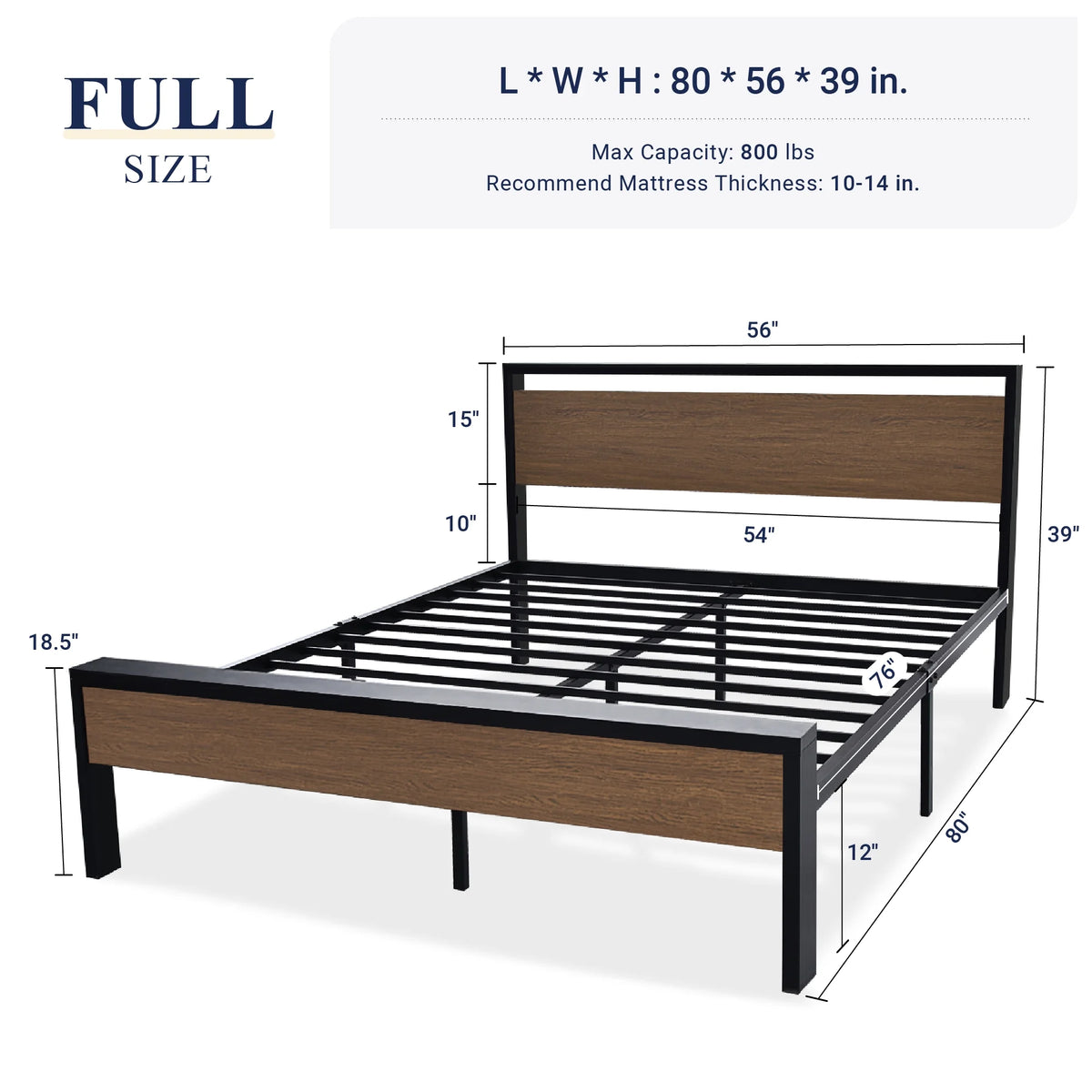 Queen Size Metal Platform Bed Frame with Wood Headboard J684