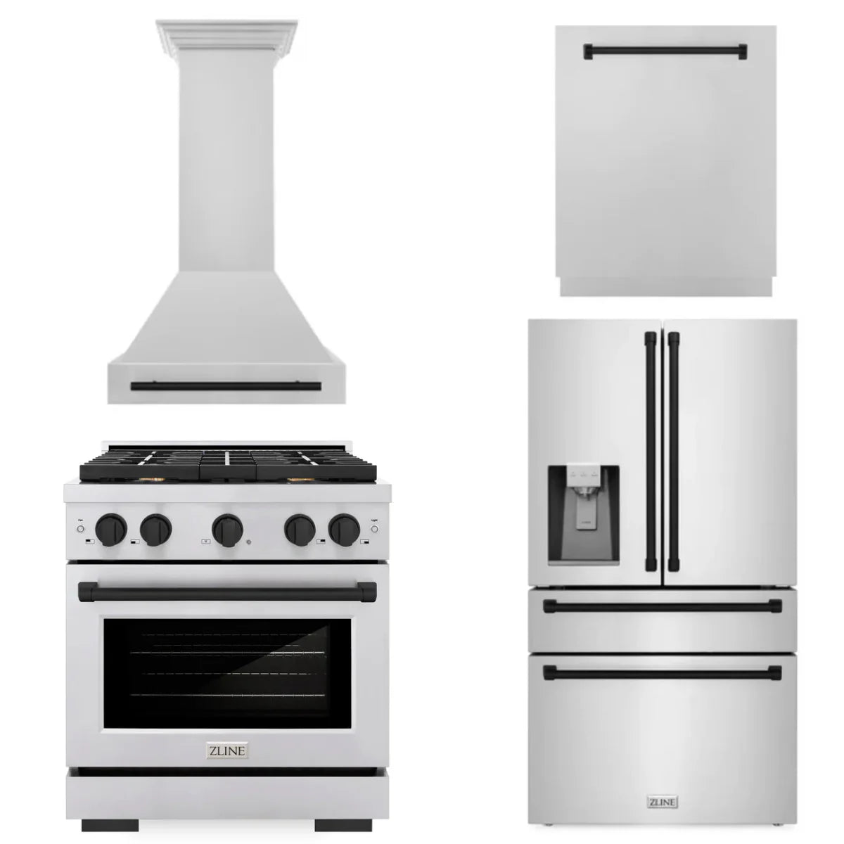 30 In. Gas Range, Range Hood, Refrigerator, and Dishwasher in Stainless Steel F6210