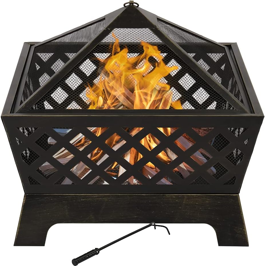 22 inch Steel Firepit Bowl with Mesh Spark Screen Cover Log Grate Wood Fire Poker V410