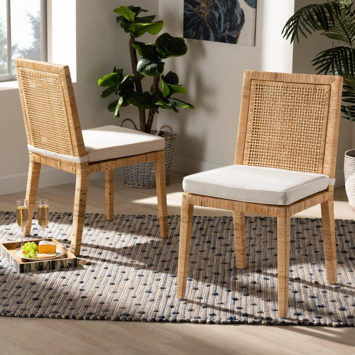 Natural Finished Wood and Rattan 2-Piece Dining Chair Set B73242