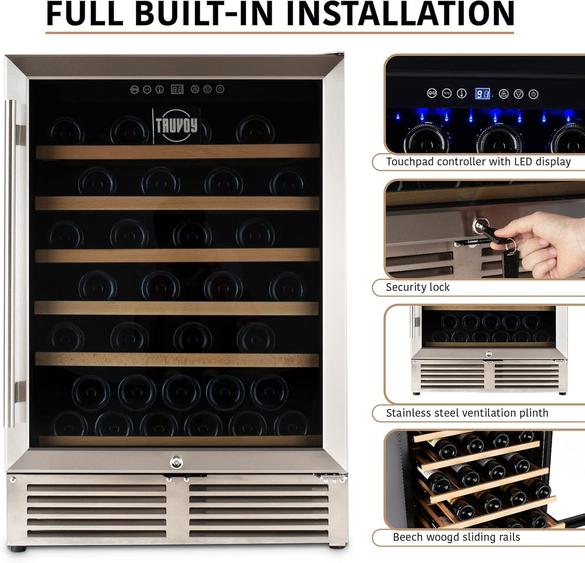 Wine Cooler Refrigerator with Reversible Low UV Glass Door, Touch Thermostat Control with LED Display, Lock, 150L Storage R87826