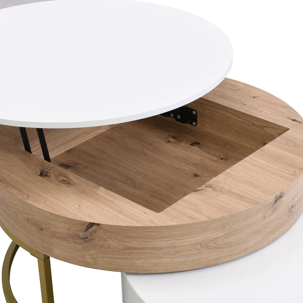 Round Lift-top Nesting Coffee Tables with 2 Drawers White & Natural E250
