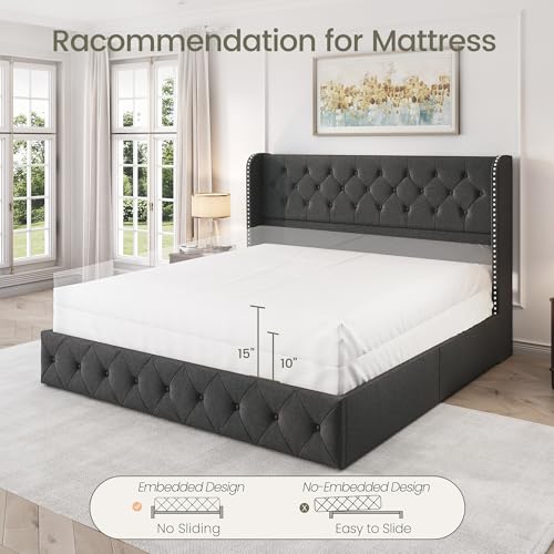 King Size Linen Upholstered Bed Frame with 4 Storage Drawers H875